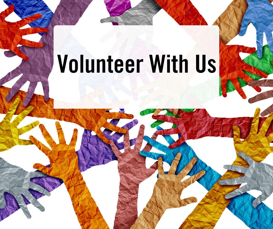 Multi-coloured paper hands and words Volunteer with us
