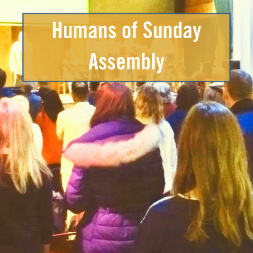Humans of Sunday Assembly with photo of people in Conway Hall