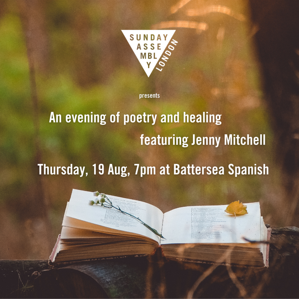 Picture of a book in the countryside, the Sunday Assembly London logo and the text, And evening of poetry and healing with Jenny Mitchell